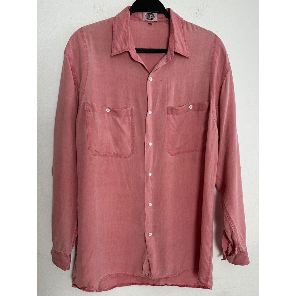 Vintage Silks Med Salmon Pink Silk Button Down Long Sleeve 90s Grunge Relaxed